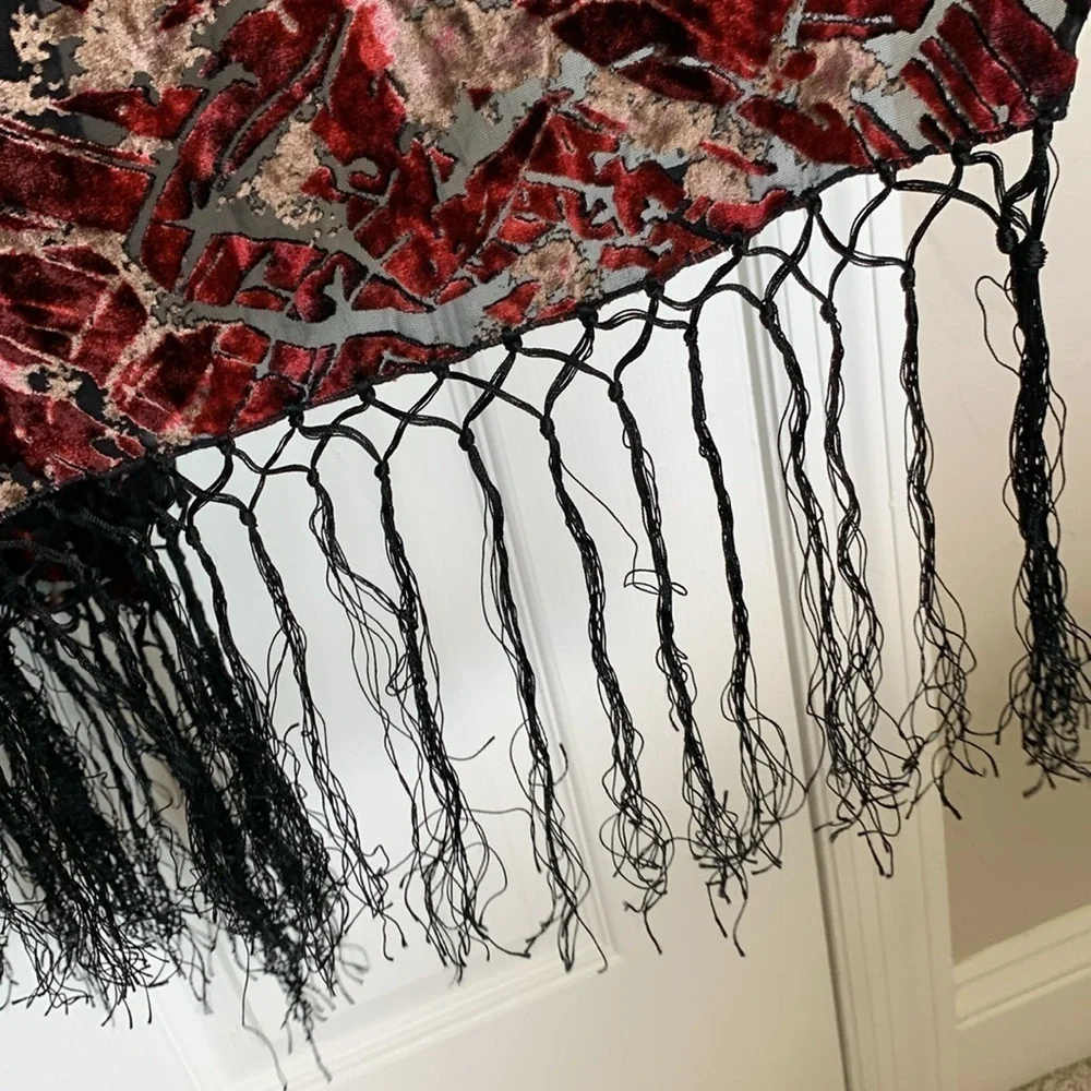 Velvet burnout scarf with fringe- silk blend- red and black made in Italy